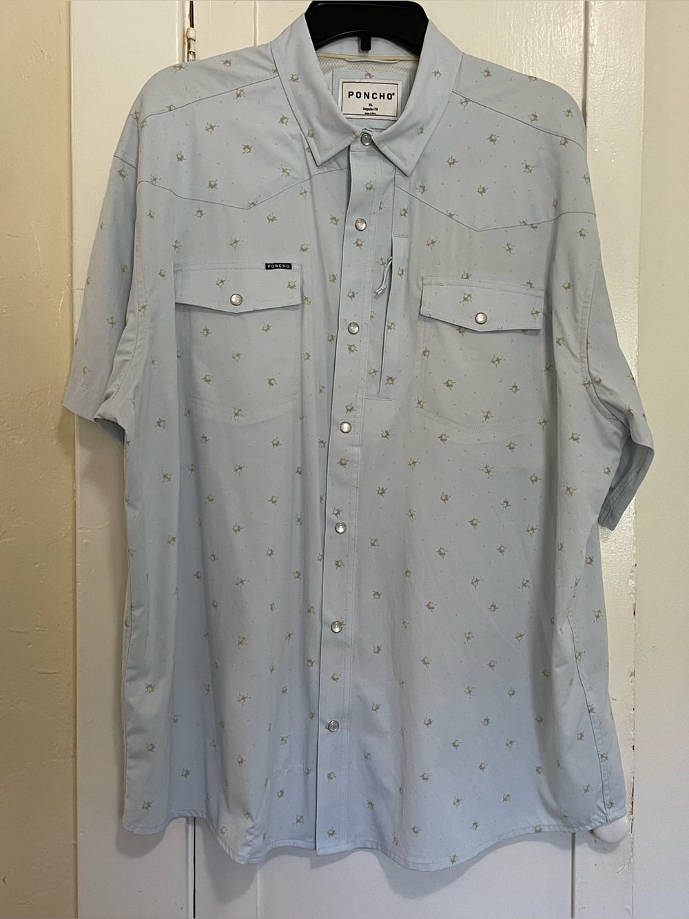 PONCHO Men’s Light Blue Short-Sleeve Button-Down Shirt Pearl snap XL